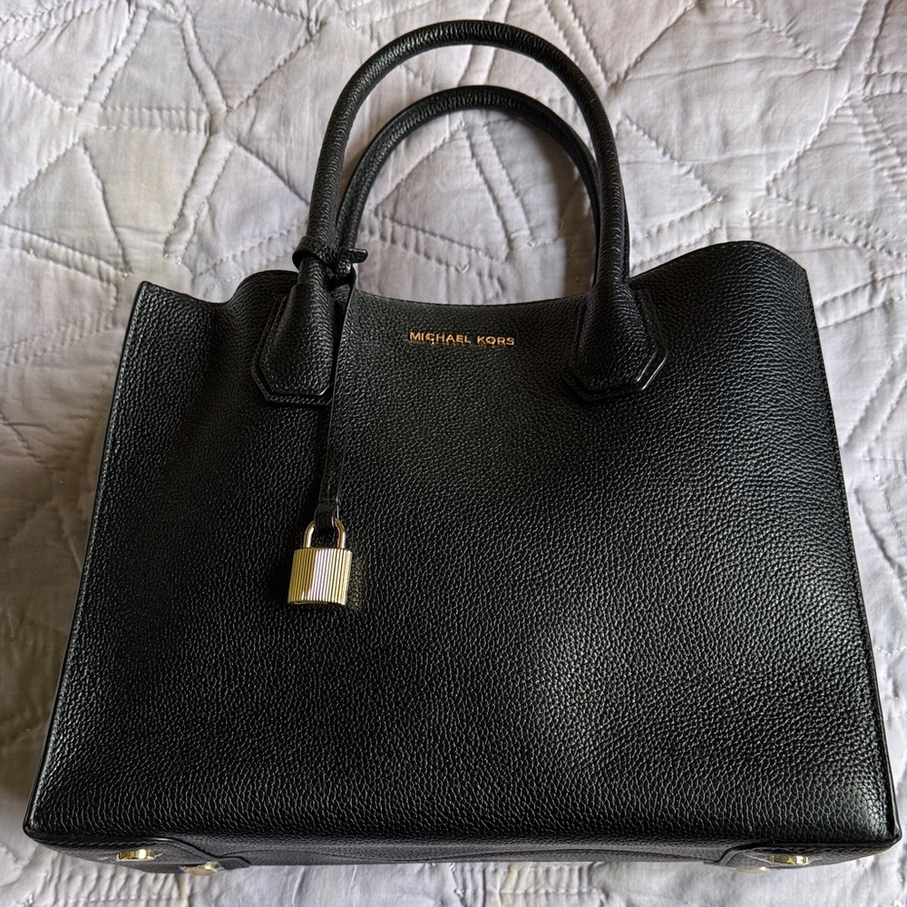 Michael Kors Black Leather Tote with Gold Accents